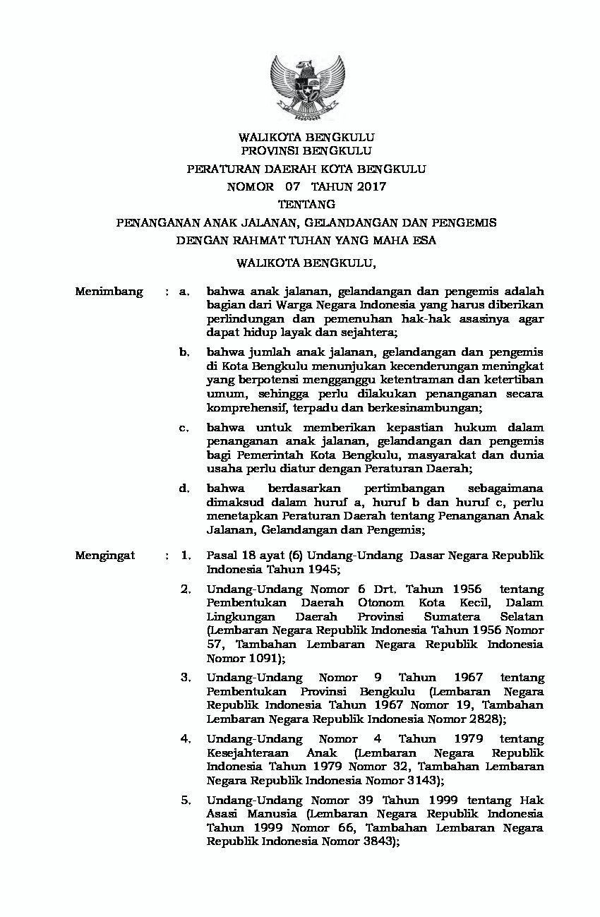 Peraturan Daerah Kota Bengkulu No 7 tahun 2017 tentang Penanganan Anak Jalanan, Gelandangan dan Pengemis