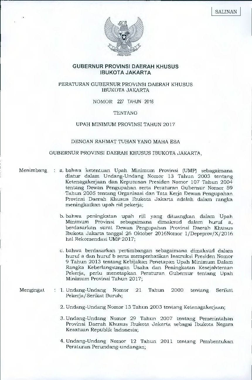 Peraturan Gubernur DKI Jakarta No 227 tahun 2019 tentang Upah Minimum Provinsi Tahun 2017