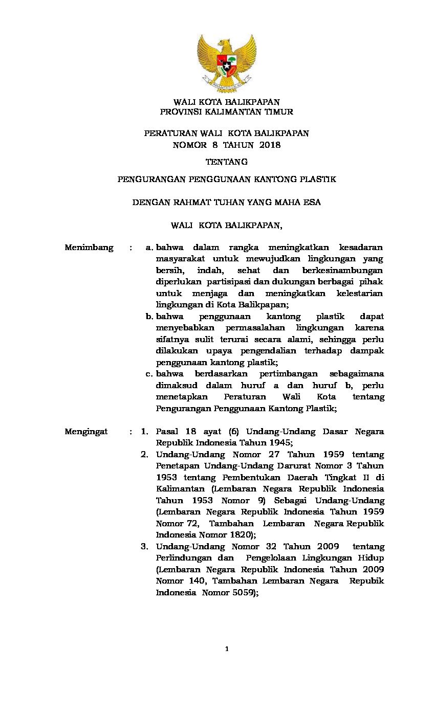 Peraturan Walikota Balikpapan No 8 tahun 2018 tentang Pengurangan Penggunaan Kantong Plastik