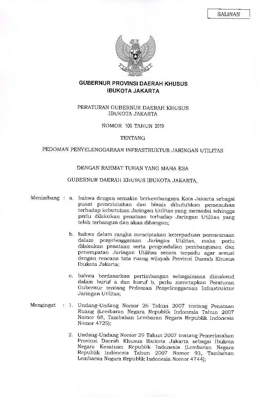 Peraturan Gubernur DKI Jakarta No 106 tahun 2019 tentang Pedoman Penyelenggaraan Infrastruktur Jaringan Utilitas