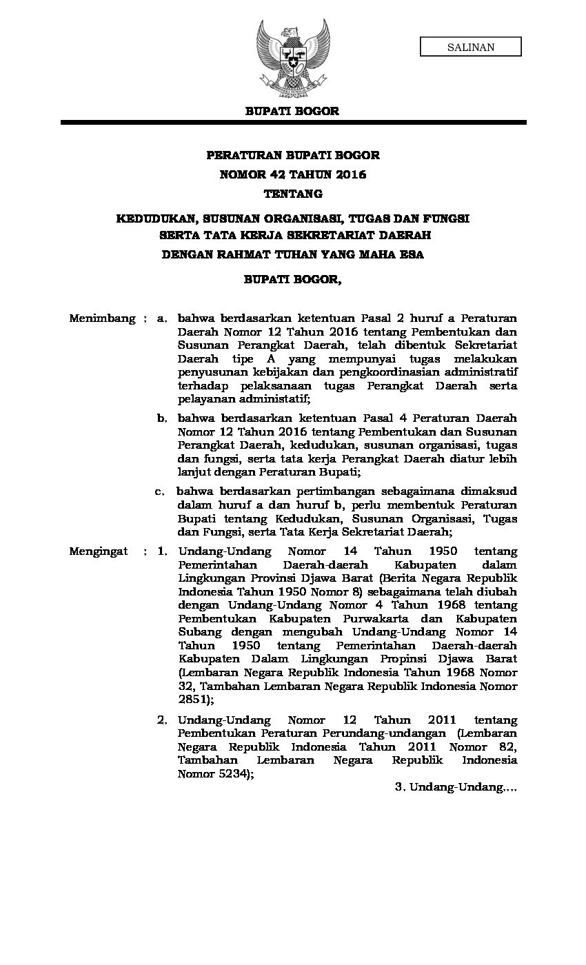 Peraturan Bupati Bogor No 42 Tahun 2016 Tentang Kedudukan Susunan Organisasi Tugas Dan Fungsi 8548