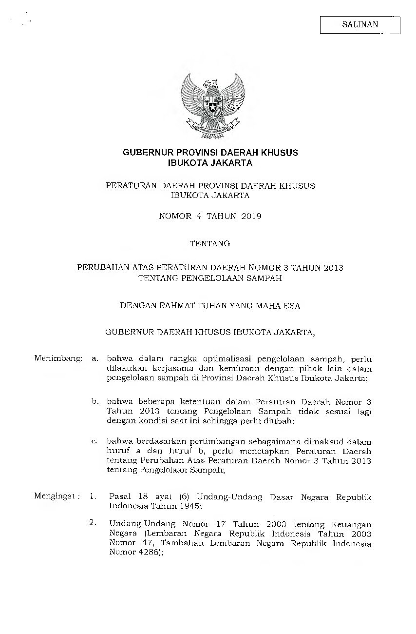 Peraturan Daerah Provinsi DKI Jakarta No 4 tahun 2019 tentang Perubahan atas Peraturan Daerah Nomor 3 Tahun 2013 tentang Pengelolaan Sampah