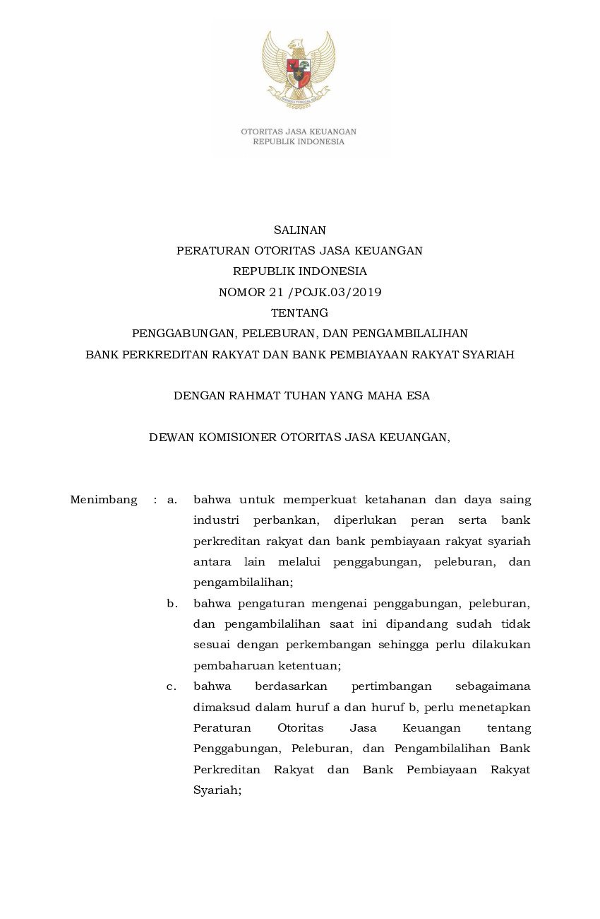 Peraturan Otoritas Jasa Keuangan No 21/POJK.03/2019 Tahun 2019 Tentang ...