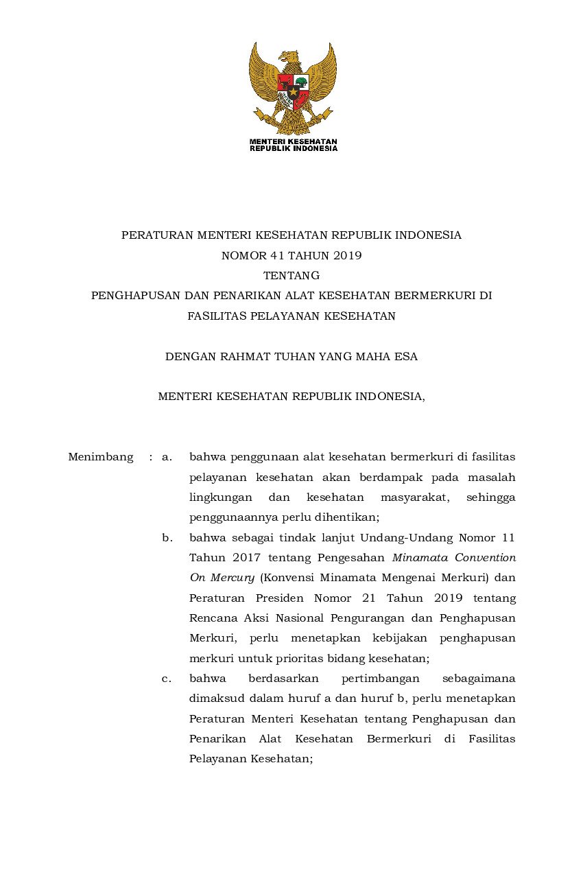 Peraturan Menteri Kesehatan No 41 tahun 2019 tentang Penghapusan dan Penarikan Alat Kesehatan Bermerkuri di Fasilitas Pelayanan Kesehatan