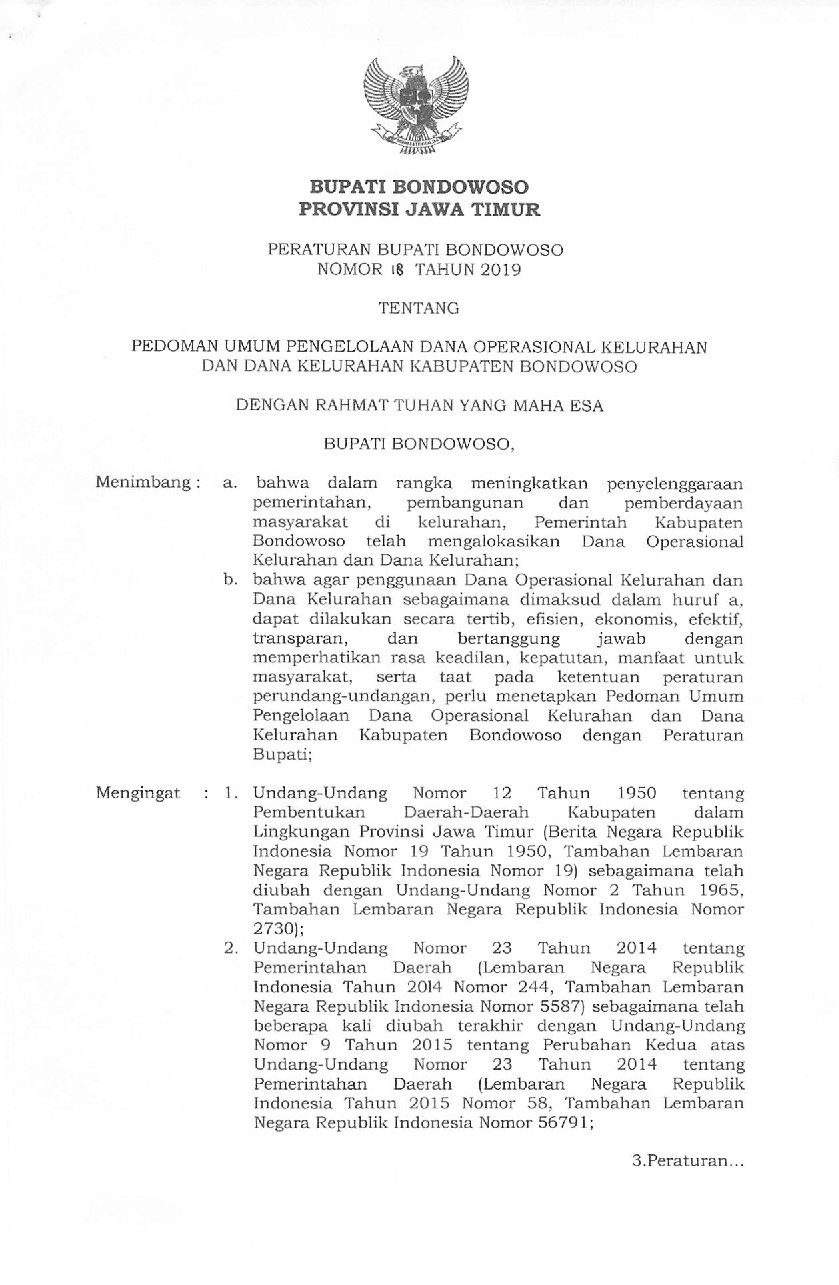 Peraturan Bupati Bondowoso No 18 tahun 2019 tentang Pedoman Umum Pengelolaan Dana Operasional Kelurahan dan Dana Kelurahan Kabupaten Bondowoso