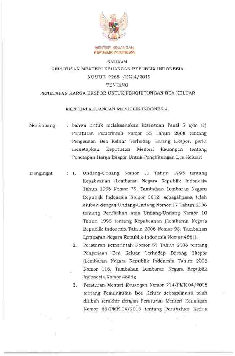 Keputusan Menteri Keuangan No 2265 /KM.4/2019 tahun 2019 tentang Penetapan Harga Ekspor untuk Penghitungan Bea Keluar