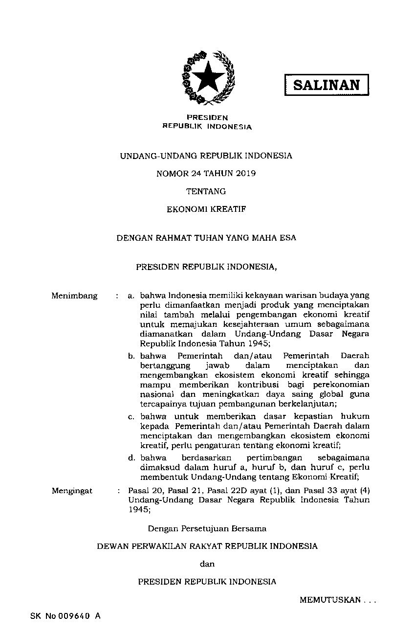 Undang Undang No 24 tahun 2019 tentang Ekonomi Kreatif