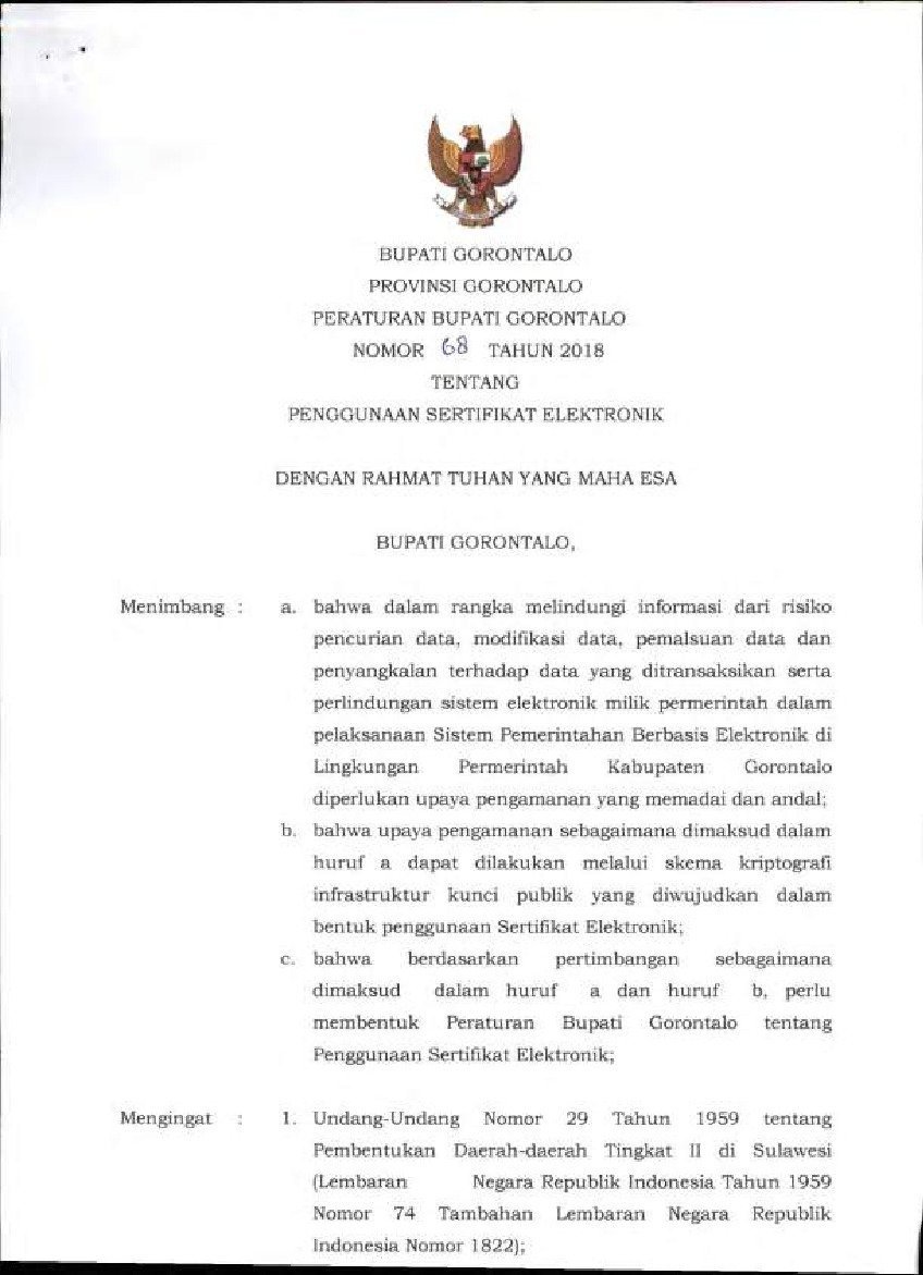 Peraturan Bupati Gorontalo No 68 tahun 2018 tentang Penggunaan Sertifikat Elektronik