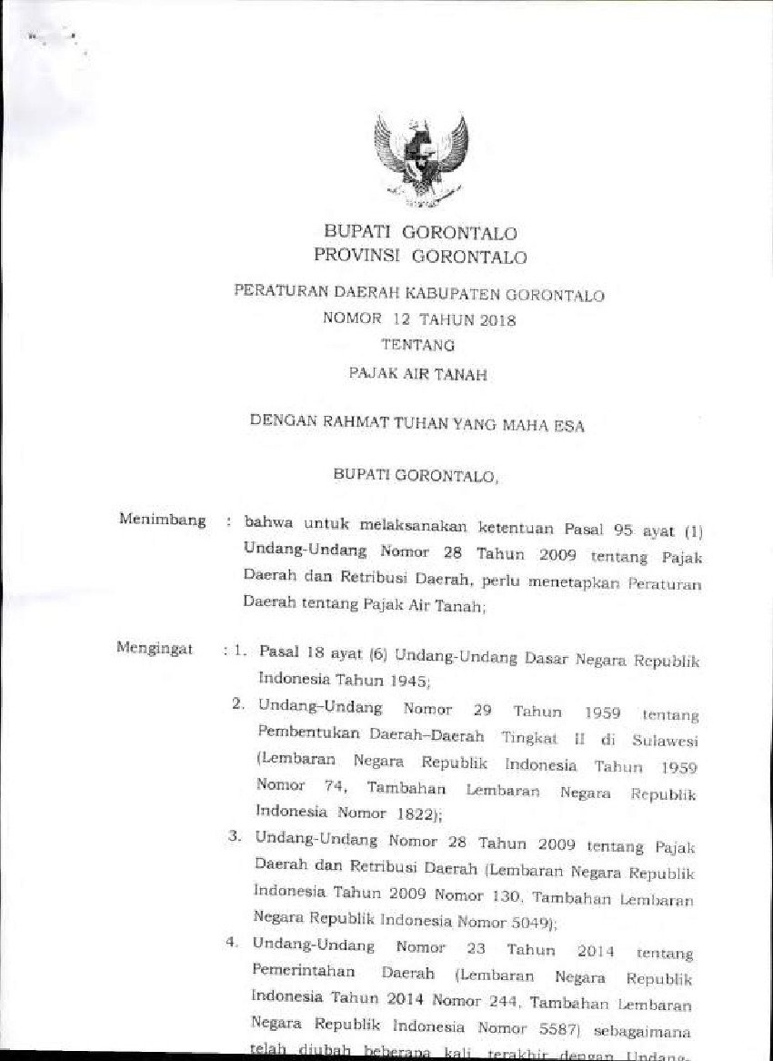 Peraturan Daerah Kab. Gorontalo No 12 tahun 2018 tentang Pajak Air Tanah