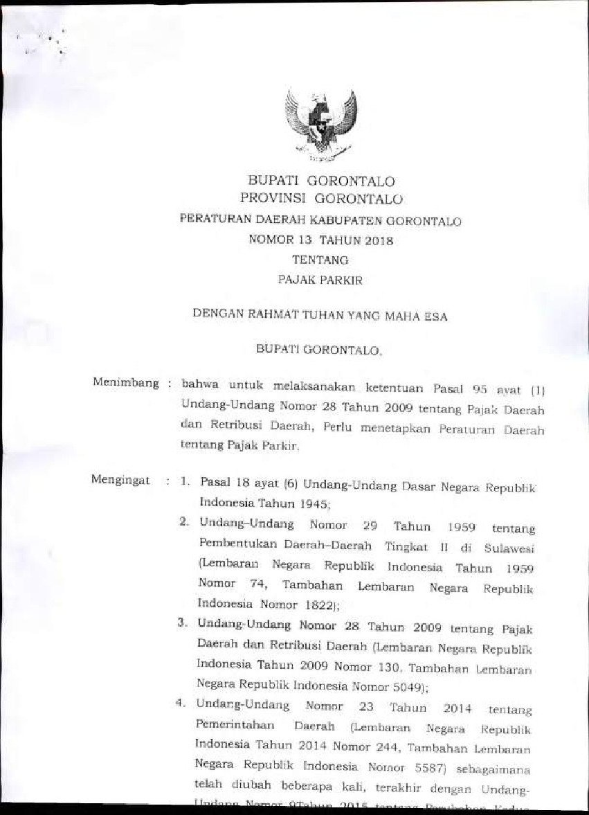 Peraturan Daerah Kab. Gorontalo No 13 tahun 2018 tentang Pajak Parkir