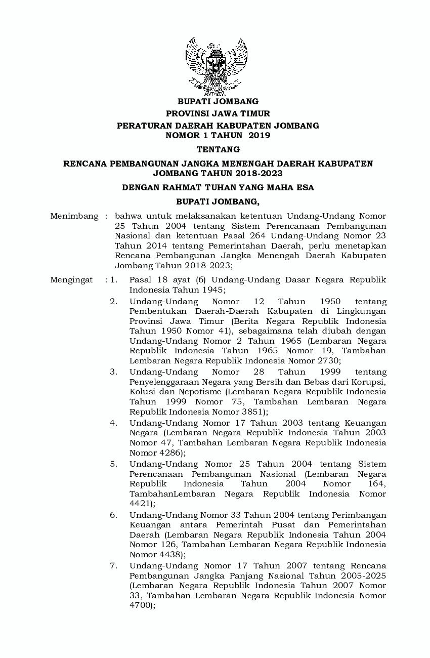 Peraturan Daerah Kab. Jombang No 1 tahun 2019 tentang Rencana Pembangunan Jangka Menengah Daerah Kabupaten Jombang Tahun 2018-2023