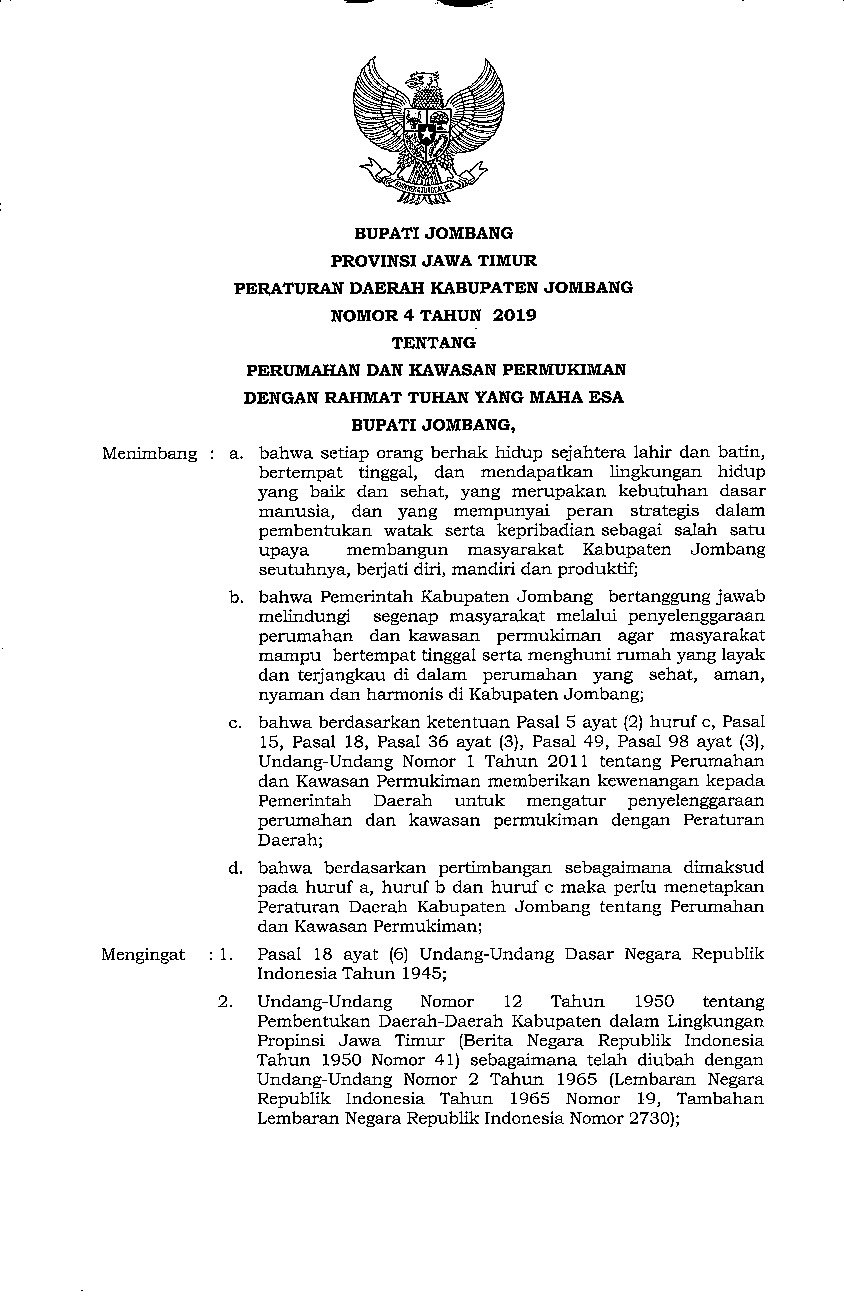 Peraturan Daerah Kabupaten Jombang No 4 tahun 2019 tentang Perumahan dan Kawasan Permukiman