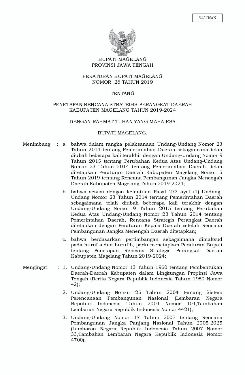 Peraturan Bupati Magelang No 26 tahun 2019 tentang Penetapan Rencana Strategis Perangkat Daerah Kabupaten Magelang Tahun 2019-2024