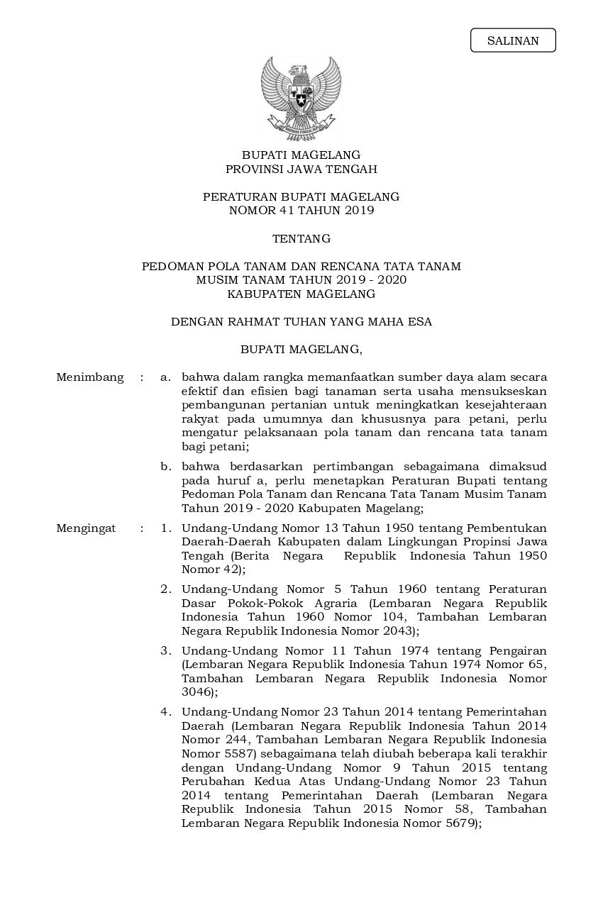 Peraturan Bupati Magelang No 41 tahun 2019 tentang Pedoman Pola Tanam dan Rencana Tata Tanam Musim Tanam Tahun 2019-2020 Kabupaten Magelang