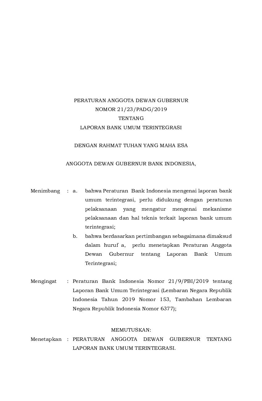 Peraturan Anggota Dewan Gubernur Bank Indonesia No 21/23/PADG/2019 tahun 2019 tentang Laporan Bank Umum Terintegrasi