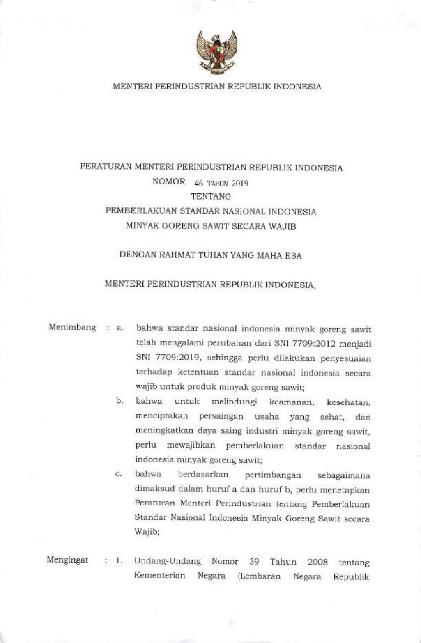 Peraturan Menteri Perindustrian No Tahun Tentang Pemberlakuan Standar Nasional Indonesia