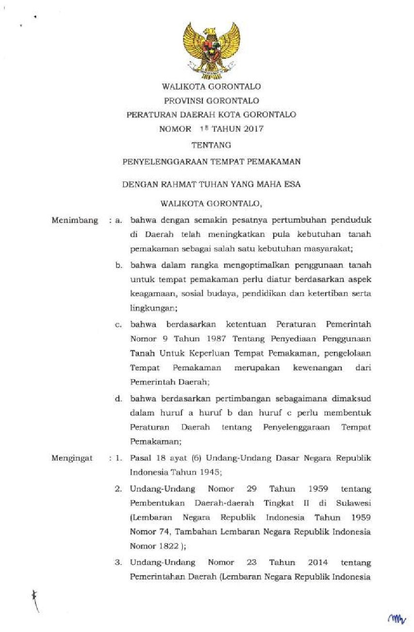 Peraturan Daerah Kota Gorontalo No 18 tahun 2017 tentang Penyelenggaraan Tempat Pemakaman
