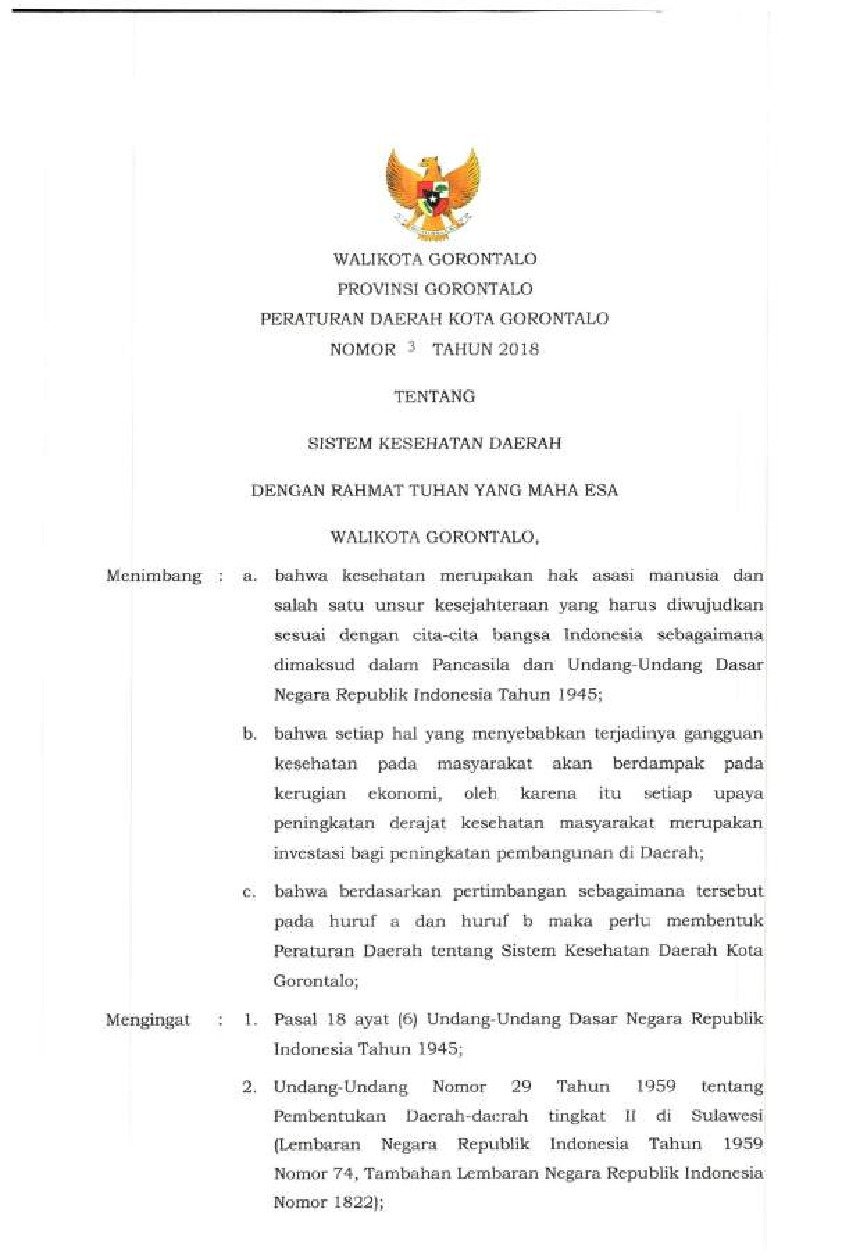 Peraturan Daerah Kota Gorontalo No 3 tahun 2018 tentang Sistem Kesehatan Daerah