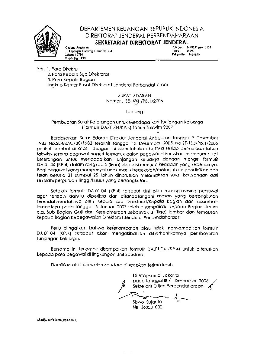 Surat Dirjen Perbendaharaan No SE-119/PB.1/2006 tahun 2006 tentang Pembuatan Suraf Keterangan untuk Mendapatkan Tunjangan Keluorga (Formulir DA.01.04/KP.4) Tahun Takwim 2007