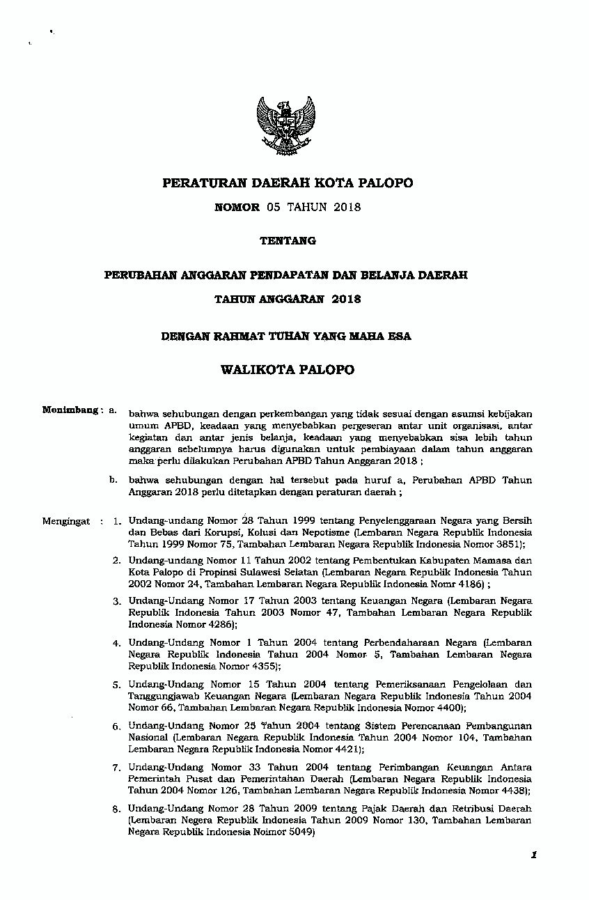 Peraturan Daerah Kota Palopo No 5 tahun 2018 tentang Perubahan Anggaran Pendapatan dan Belanja Daerah Tahun Anggaran 2018