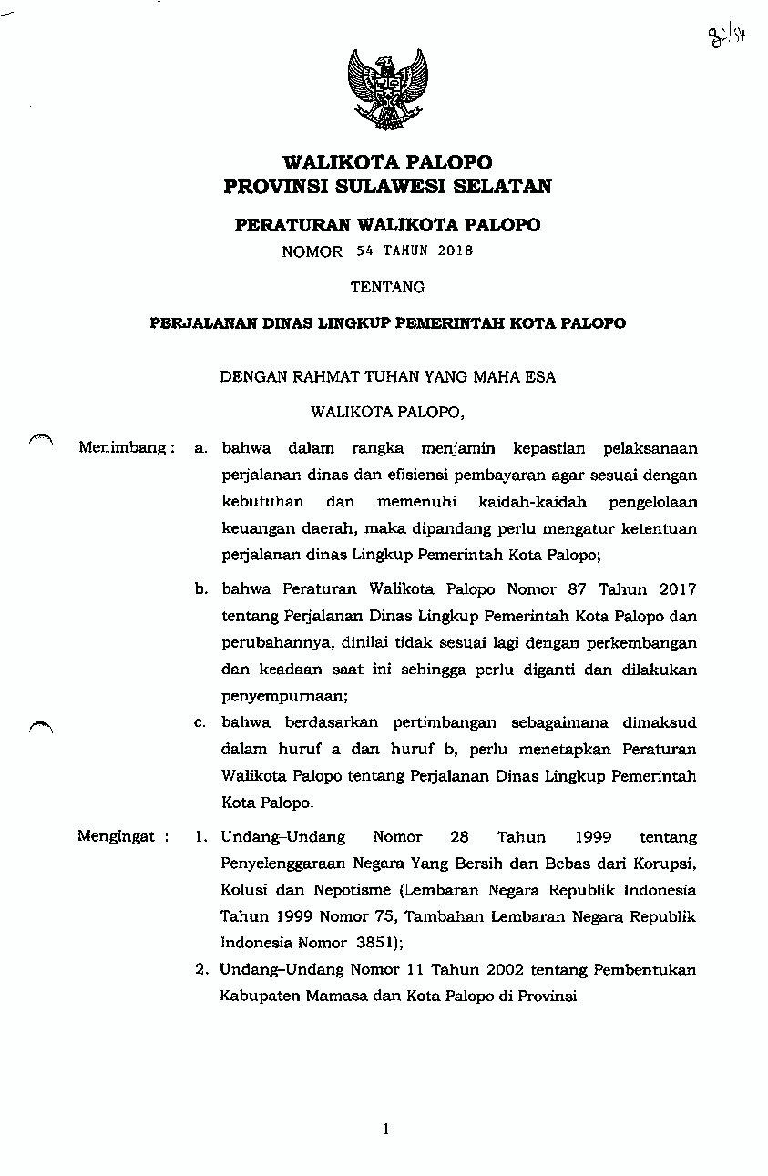 Peraturan Walikota Palopo No 54 tahun 2018 tentang Perjalanan Dinas Lingkup Pemerintah Kota Palopo