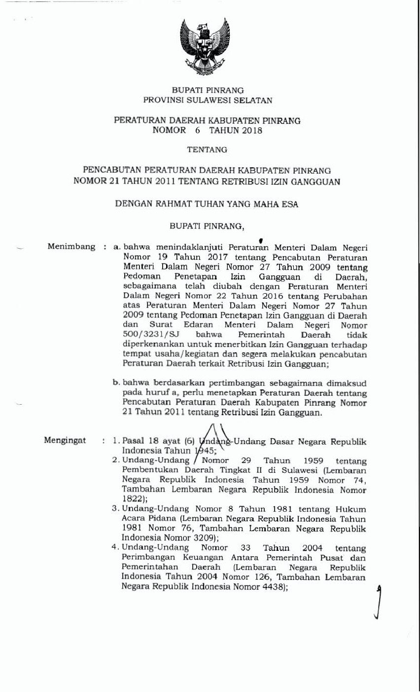 Peraturan Daerah Kab. Pinrang No 6 tahun 2018 tentang Pencabutan Peraturan Daerah Kabupaten Pinrang Nomor 21 Tahun 2011 tentang Retribusi Izin Gangguan
