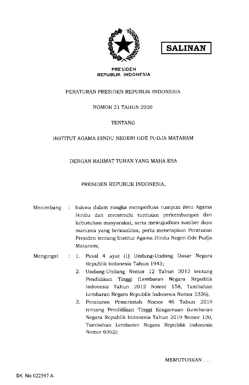 Peraturan Presiden No 21 tahun 2020 tentang Institut Agama Hindu Negeri Gde Pudja Mataram
