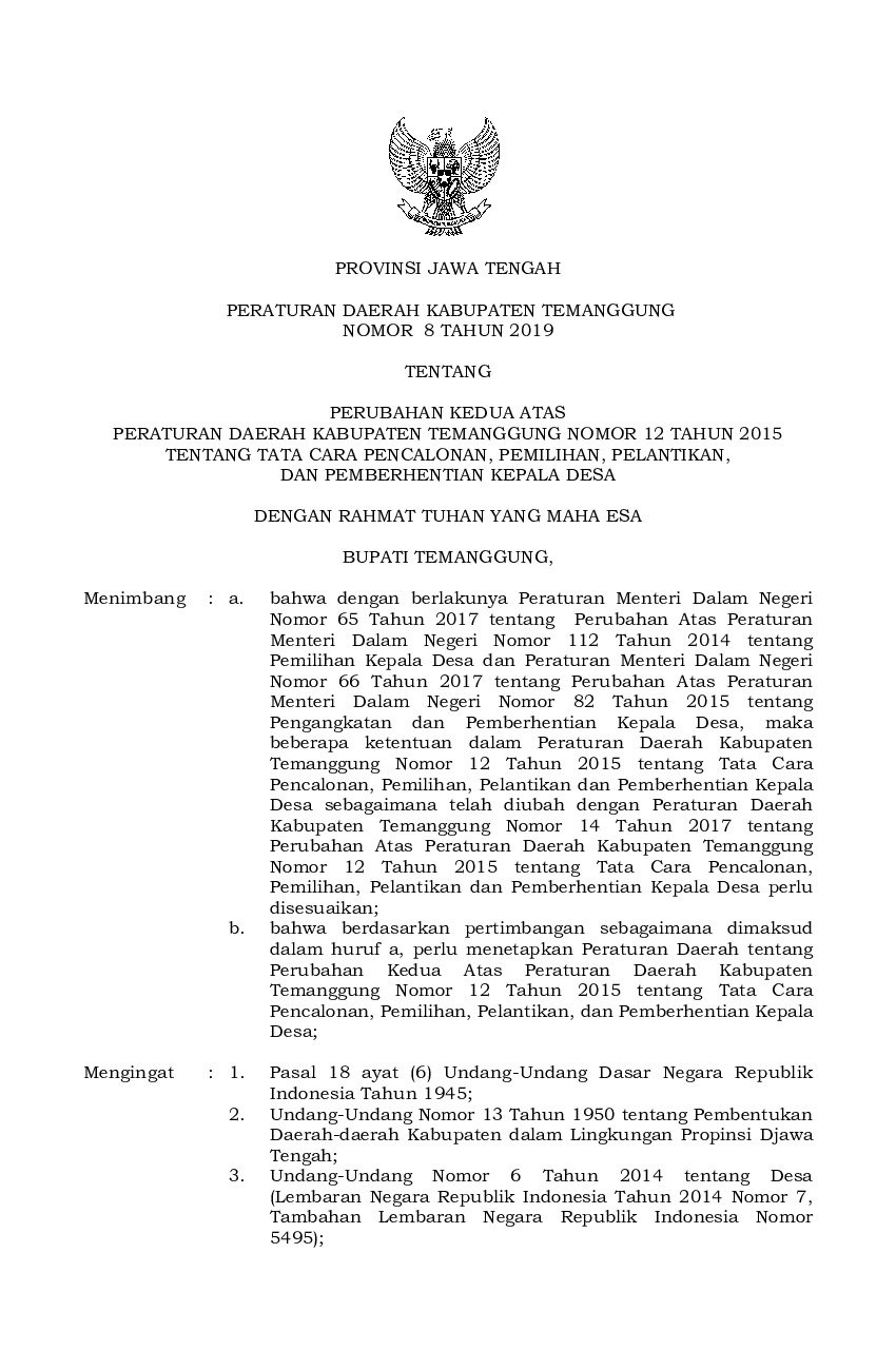 Peraturan Daerah Kab. Temanggung No 8 tahun 2019 tentang Perubahan Kedua atas Peraturan Daerah Kabupaten Temanggung Nomor 12 Tahun 2015 tentang Tata Cara Pencalonan, Pemilihan, Pelantikan, dan Pemberhentian Kepala Desa