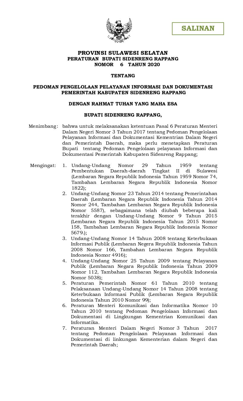 Peraturan Bupati Sidenreng Rappang No 6 tahun 2020 tentang Pedoman Pengelolaan Pelayanan Informasi dan Dokumentasi Pemerintah Kabupaten Sidenreng Rappang