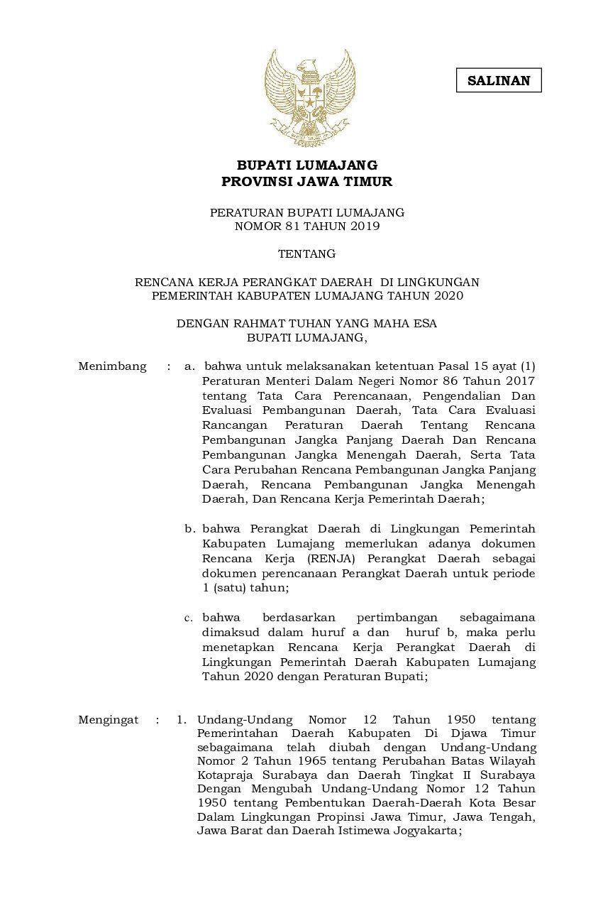 Peraturan Bupati Lumajang No 81 tahun 2019 tentang Rencana Kerja Perangkat Daerah di Lingkungan Pemerintah Kabupaten Lumajang Tahun 2020