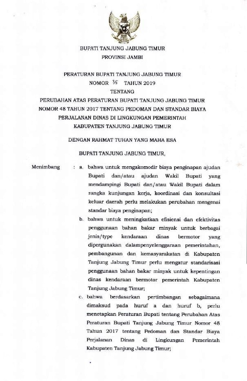 Peraturan Bupati Tanjung Jabung Timur No 35 tahun 2019 tentang Perubahan atas Peraturan Bupati Tanjung Jabung Timur Nomor 48 Tahun 2017 tentang Pedoman dan Standar Biaya Perjalanan Dinas di Lingkungan Pemerintah Kabupaten Tanjung Jabung Timur