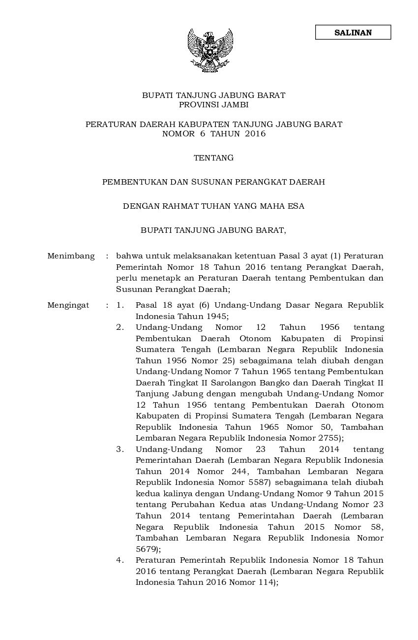 Peraturan Daerah Kabupaten Tanjung Jabung Barat No 6 tahun 2016 tentang Pembentukan dan Susunan Perangkat Daerah