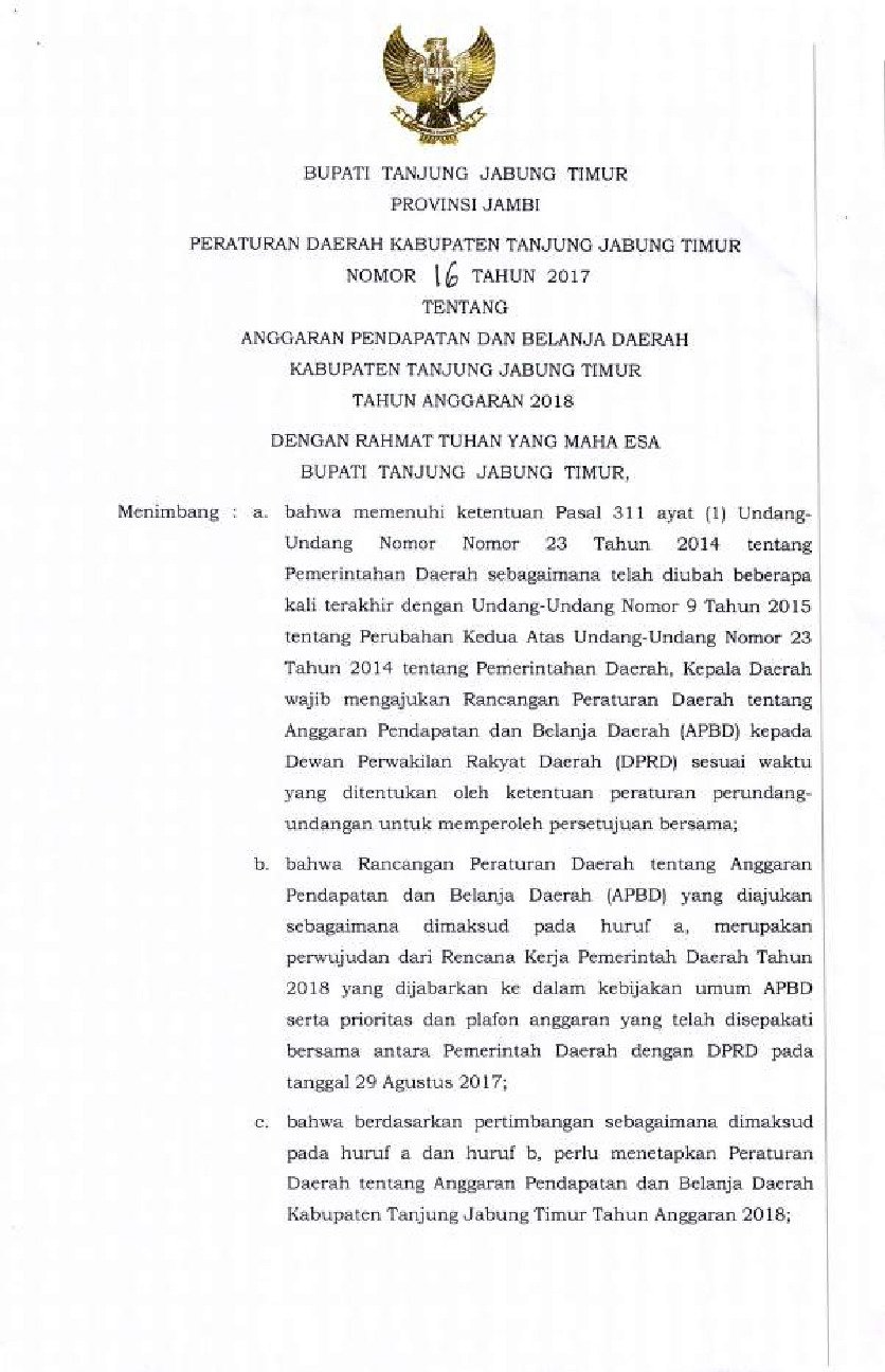 Peraturan Daerah Kabupaten Tanjung Jabung Timur No 16 tahun 2017 tentang Anggaran Pendapatan dan Belanja Daerah Kabupaten Tanjung Jabung Timur Tahun Anggaran 2018