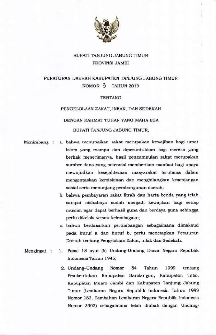 Peraturan Daerah Kab. Tanjung Jabung Timur No 3 tahun 2019 tentang Pengelolaan Zakat, Infak dan Sedekah
