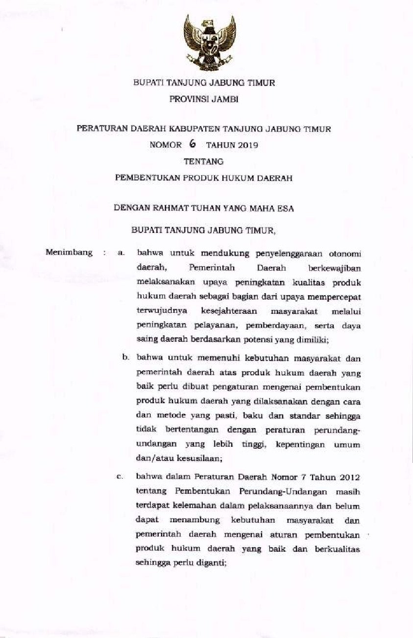 Peraturan Daerah Kab. Tanjung Jabung Timur No 6 tahun 2019 tentang Pembentukan Produk Hukum Daerah