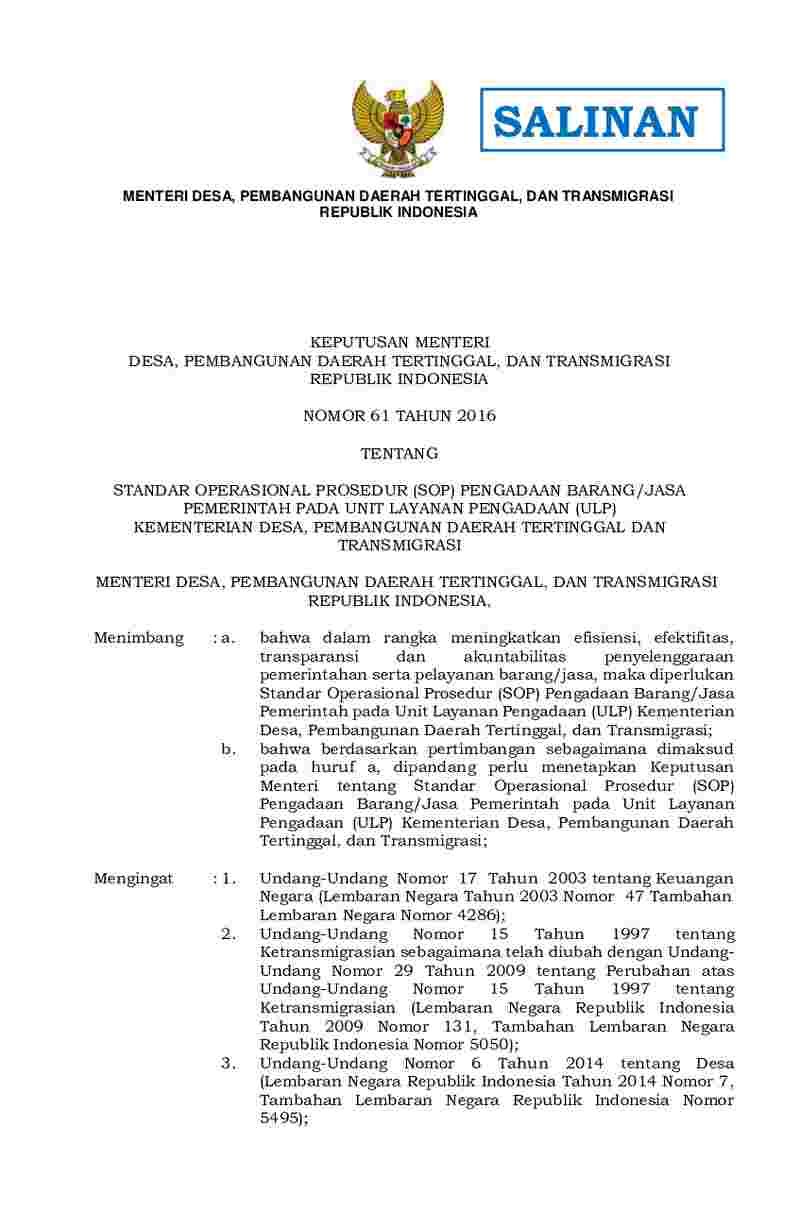 Keputusan Menteri Desa, Pembangunan Daerah Tertinggal, dan Transmigrasi No 61 tahun 2016 tentang Standar Operasional Prosedur (SOP) Pengadaan Barang/Jasa Pemerintah pada Unit Layanan Pengadaan (ULP) Kementerian Desa, Pembangunan Daerah Tertinggal dan Transmigrasi