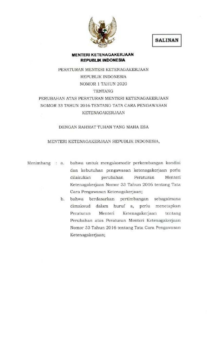 Peraturan Menteri Ketenagakerjaan No 1 Tahun 2020 Tentang Perubahan ...