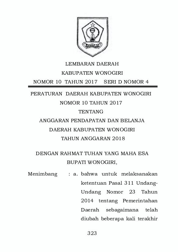 Peraturan Daerah Kab. Wonogiri No 10 tahun 2017 tentang Anggaran Pendapatan dan Belanja Daerah Kabupaten Wonogiri Tahun Anggaran 2018