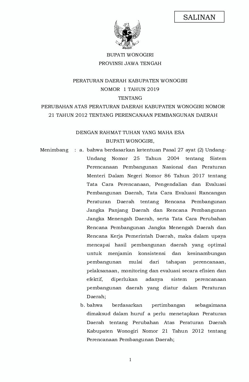 Peraturan Daerah Kab. Wonogiri No 1 tahun 2019 tentang Perubahan atas Peraturan Daerah Kabupaten Wonogiri Nomor 21 Tahun 2012 tentang Perencanaan Pembangunan Daerah