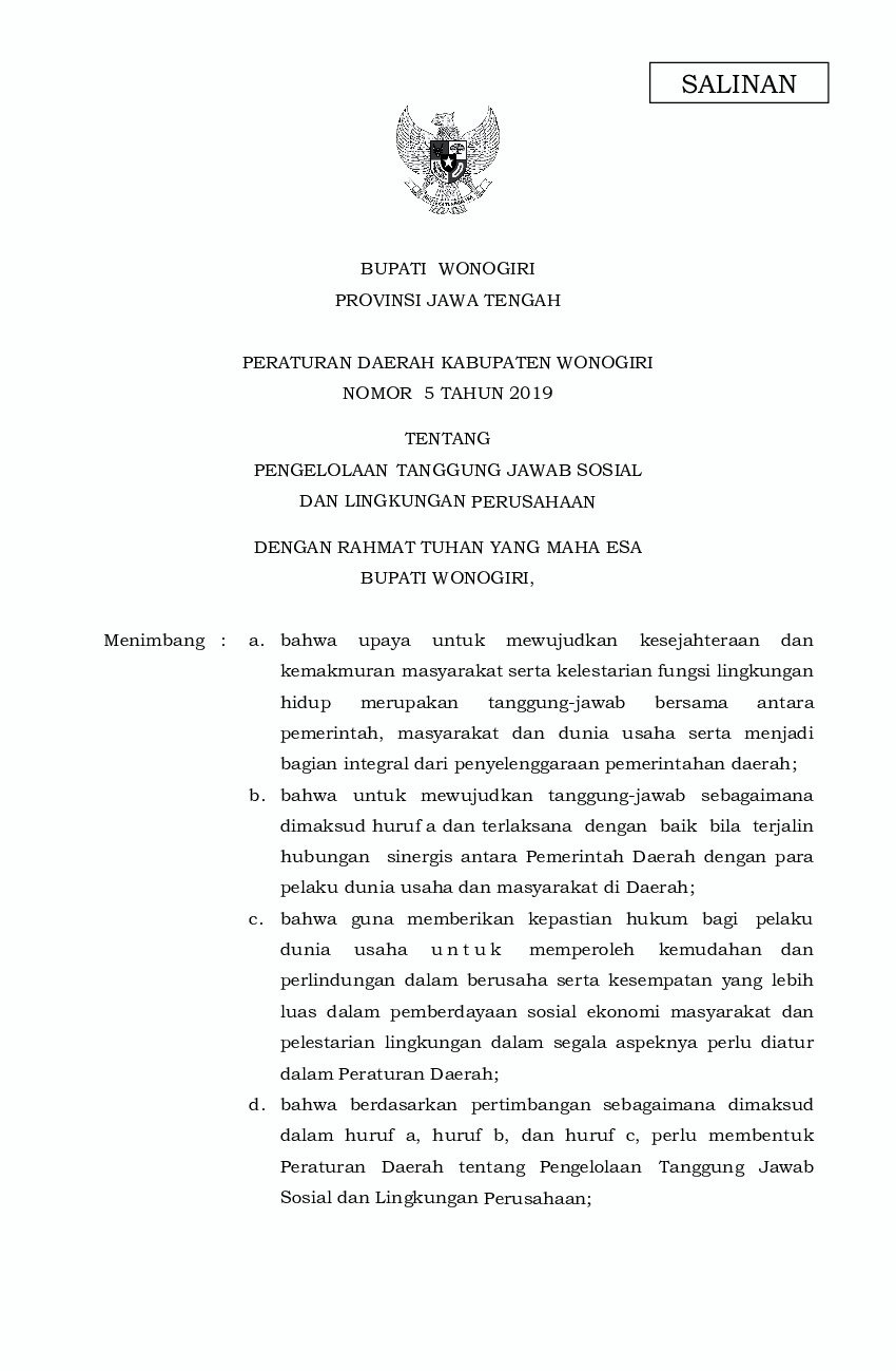 Peraturan Daerah Kab. Wonogiri No 5 tahun 2019 tentang Pengelolaan Tanggung Jawab Sosial dan Lingkungan Perusahaan