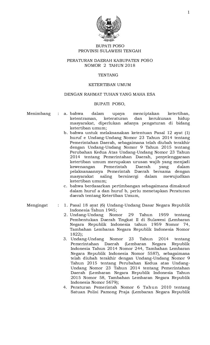 Peraturan Daerah Kabupaten Poso No 2 tahun 2018 tentang Ketertiban Umum