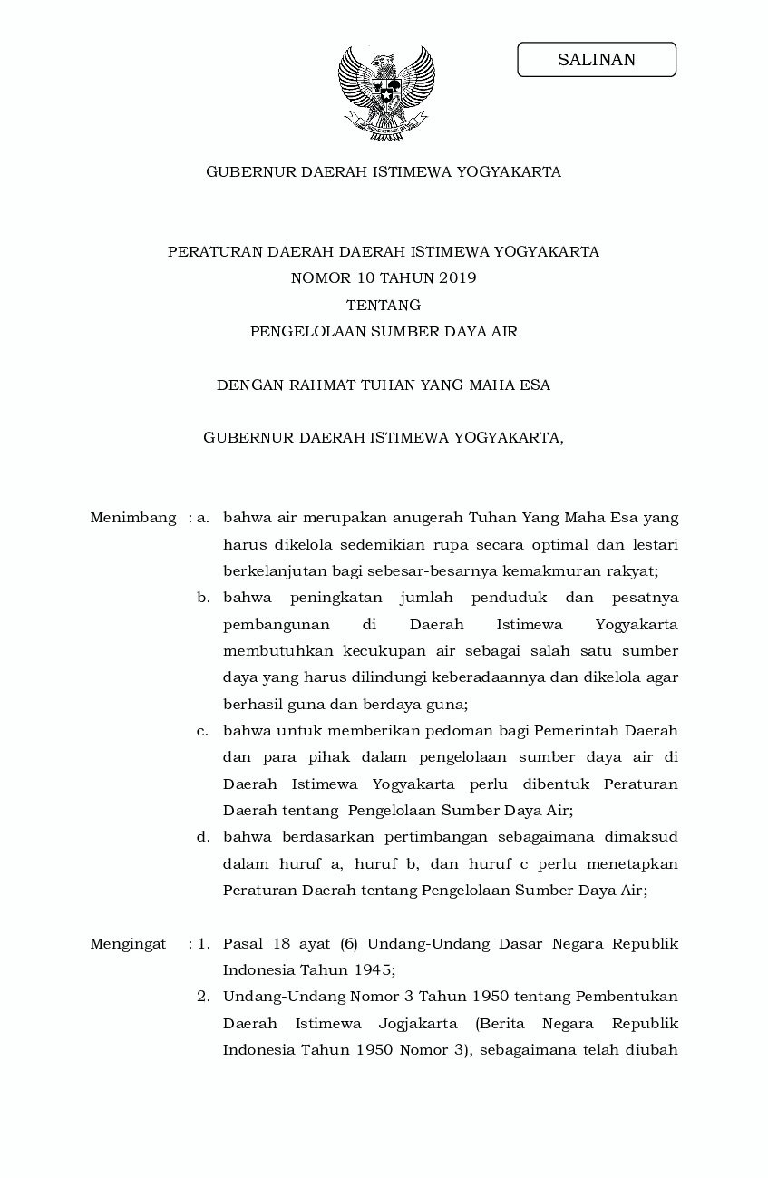 Peraturan Daerah Provinsi DI Yogyakarta No 10 tahun 2019 tentang Pengelolaan Sumber Daya Air