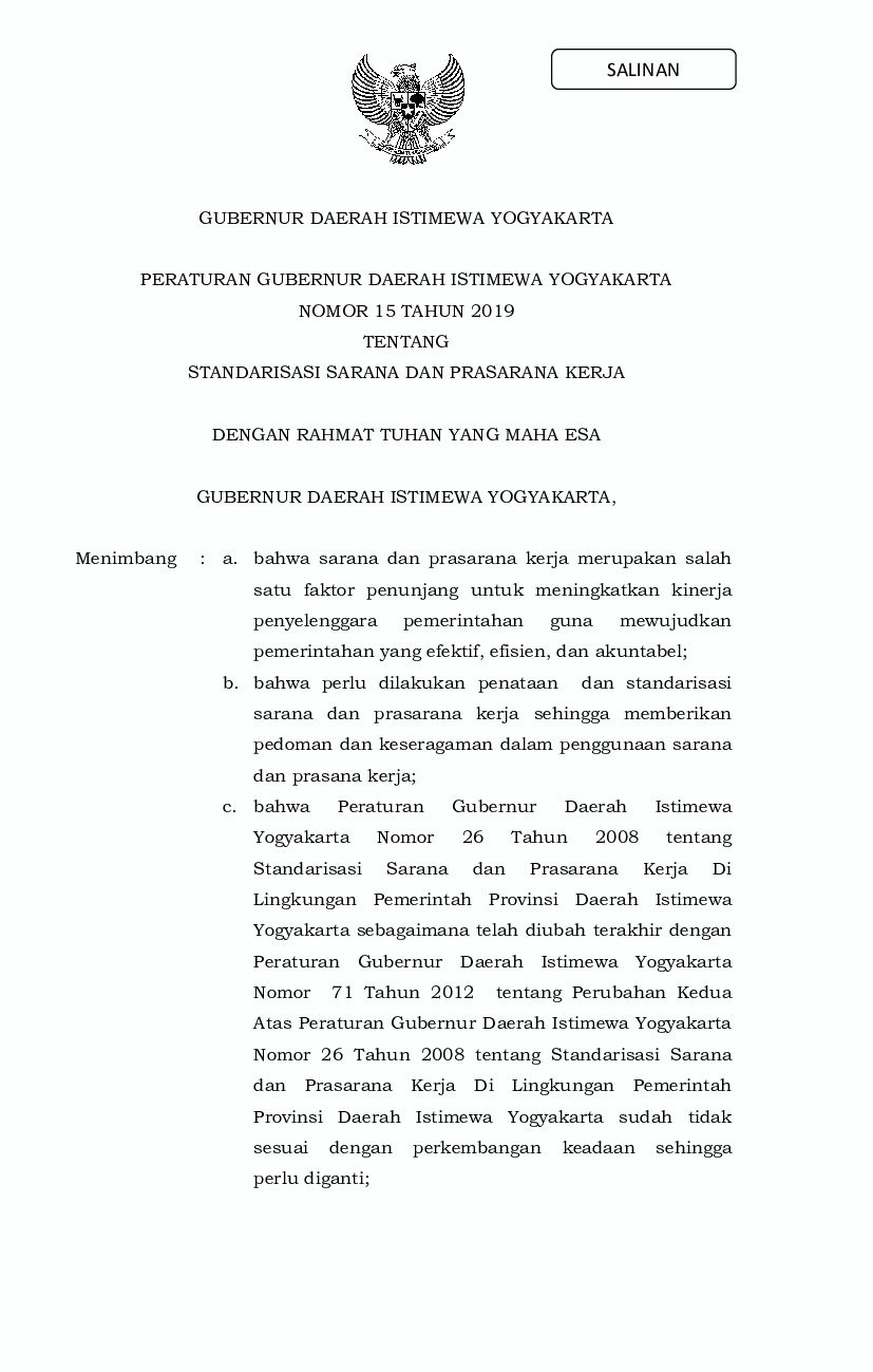 Peraturan Gubernur DI Yogyakarta No 15 tahun 2019 tentang Standarisasi Sarana dan Prasarana Kerja