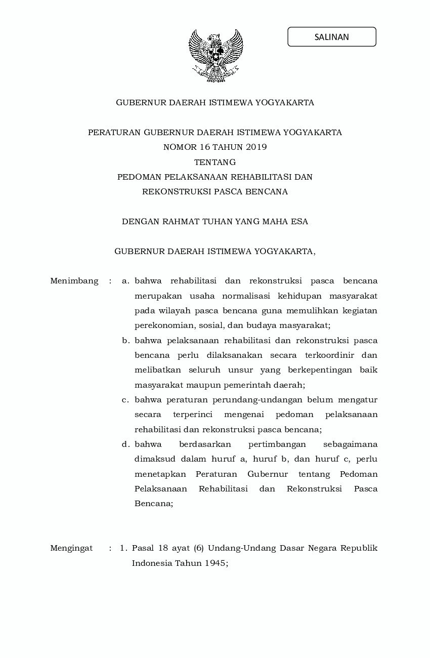 Peraturan Gubernur DI Yogyakarta No 16 tahun 2019 tentang Pedoman Pelaksanaan Rehabilitasi dan Rekonstruksi Pasca Bencana