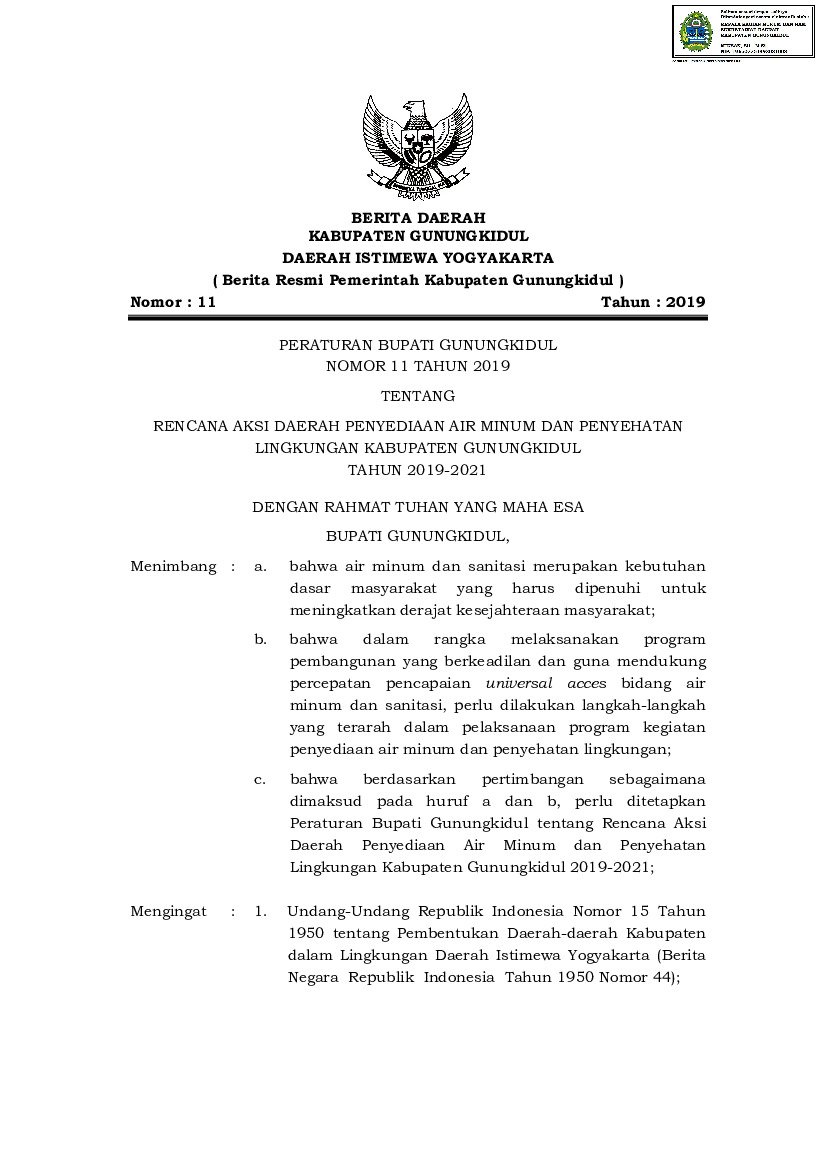 Peraturan Bupati Gunung Kidul No 11 tahun 2019 tentang Rencana Aksi Daerah Penyediaan Air Minum dan Penyehatan Lingkungan Kabupaten Gunungkidul Tahun 2019-2021