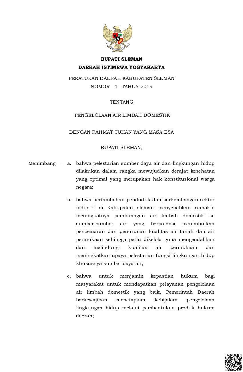 Peraturan Daerah Kabupaten Sleman No 4 tahun 2019 tentang Pengelolaan Air Limbah Domestik