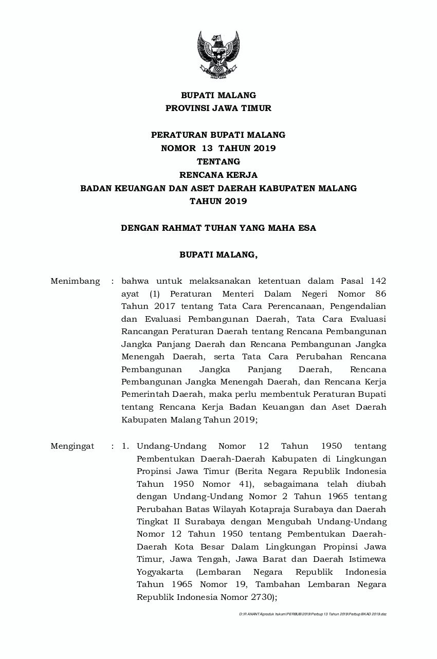 Peraturan Bupati Malang No 13 tahun 2019 tentang Rencana Kerja Badan Keuangan dan Aset Daerah Kabupaten Malang Tahun 2019
