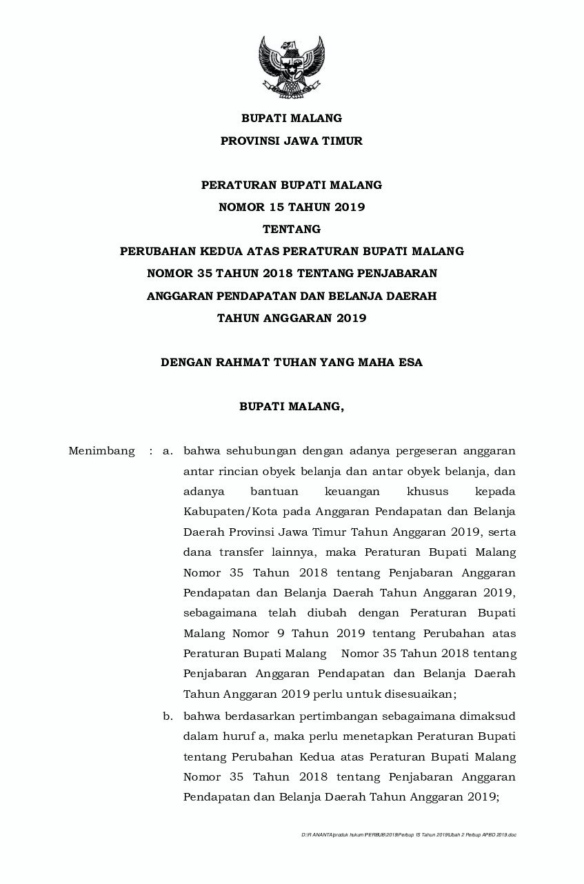 Peraturan Bupati Malang No 15 tahun 2019 tentang Perubahan Kedua atas Peraturan Bupati Malang Nomor 35 Tahun 2018 tentang Penjabaran Anggaran Pendapatan dan Belanja Daerah Tahun Anggaran 2019
