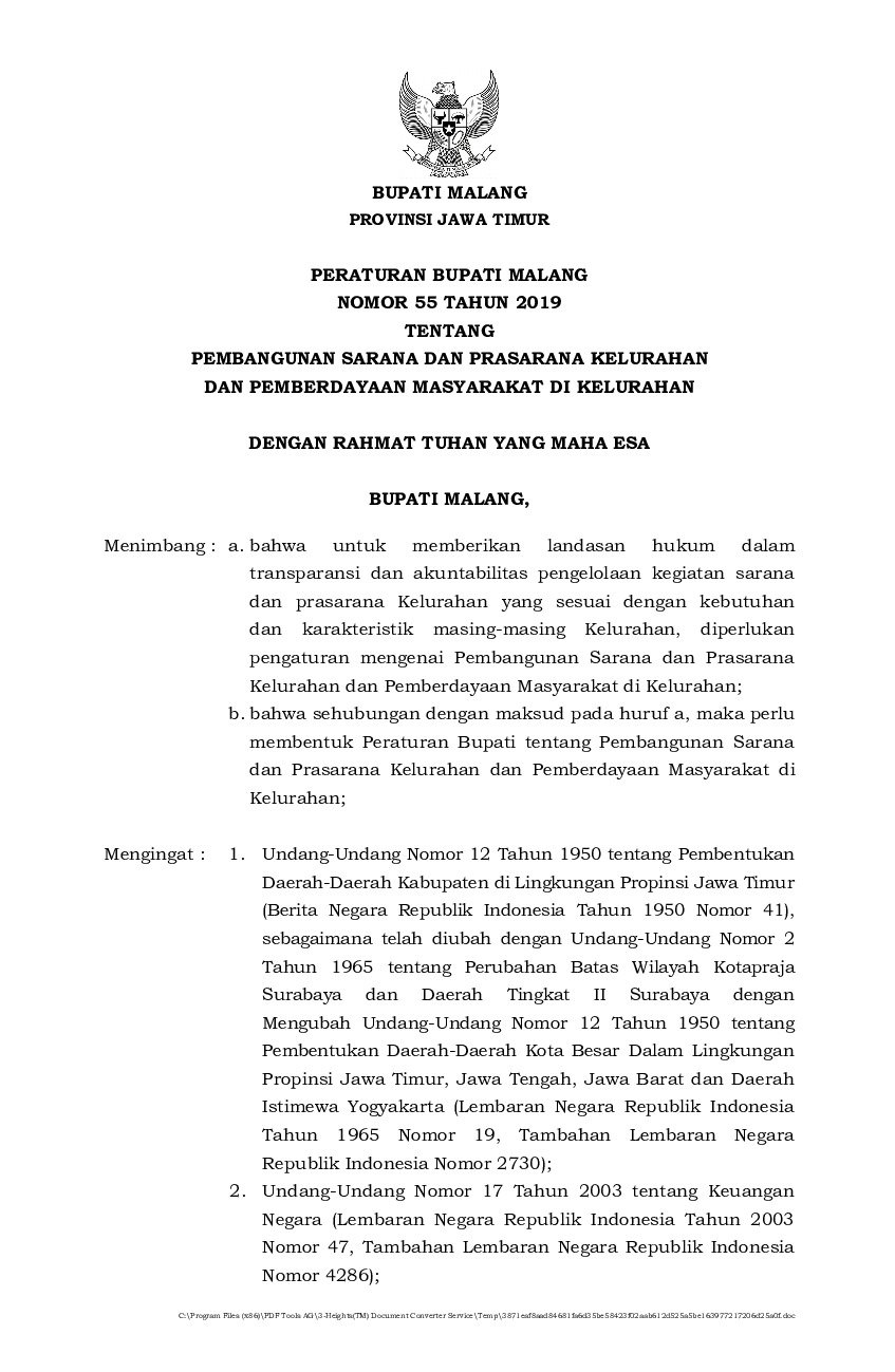 Peraturan Bupati Malang No 55 tahun 2019 tentang Pembangunan Sarana dan Prasarana Kelurahan dan Pemberdayaan Masyarakat di Kelurahan