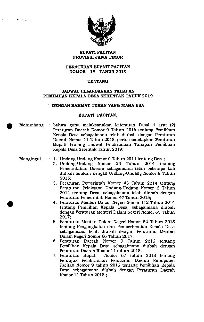 Peraturan Bupati Pacitan No 18 tahun 2019 tentang Jadwal Pelaksanaan Tahapan Pemilihan Kepala Desa Serentak Tahun 2019